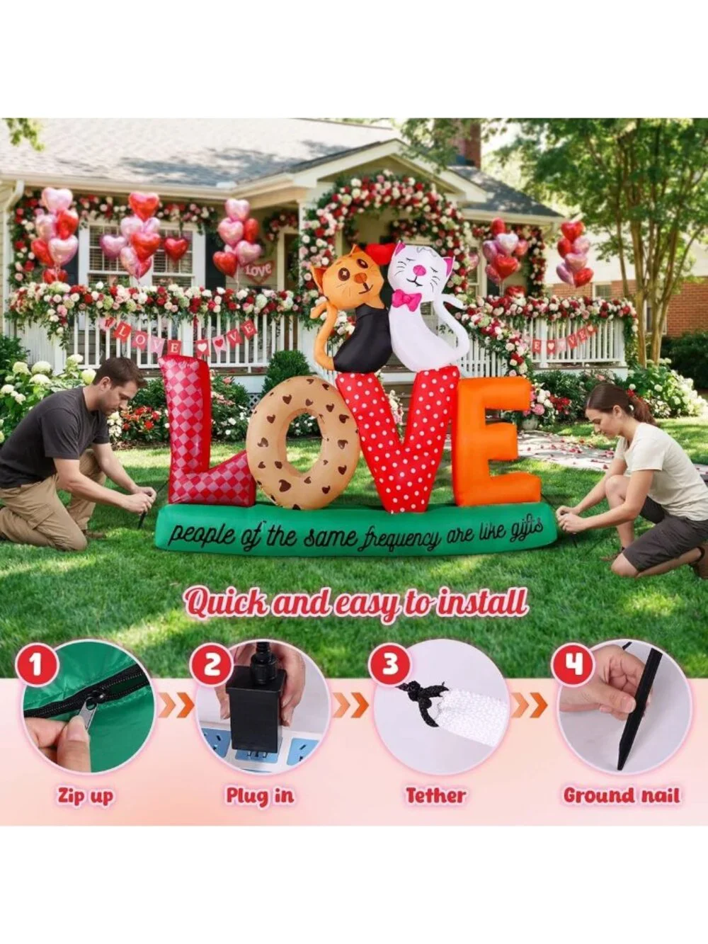 7.2ft Valentine's Day Inflatables - Love Letters & Cuddling Cats, LED Yard Decor